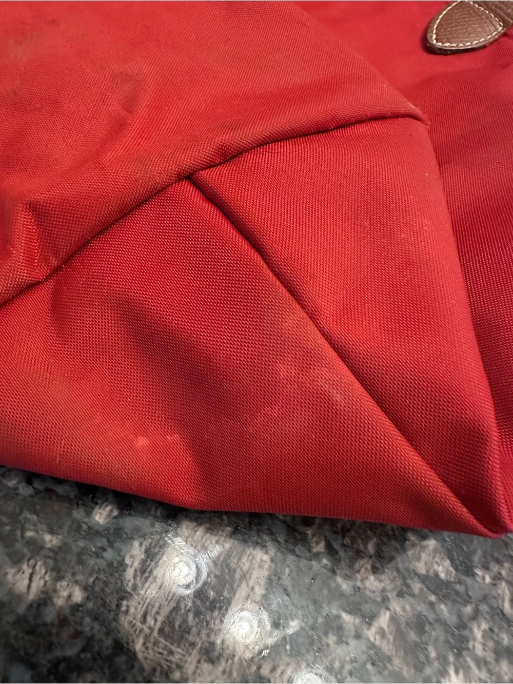 Longchamp Red Le Pliage L Nylon Tote with Brown Leather Trim - Picture 10 of 12